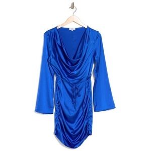 NWT Area Stars Cobalt Blue Draped Satin Mini Dress Long Sleeve Ruched Party